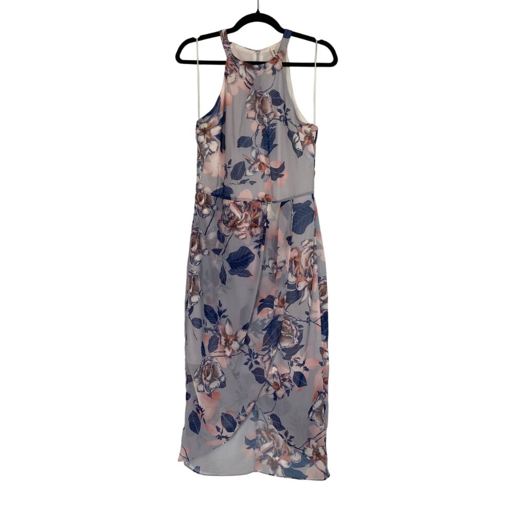 LeShop Pastel Blue Floral Halter Midi Dress Summer Party Wedding Guest Size M